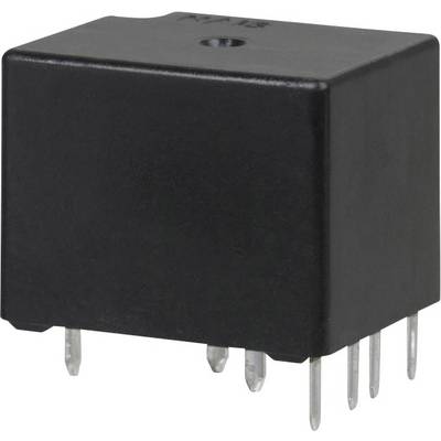 Un relè rettangolare nero con diversi pin metallici sul lato inferiore, utilizzato in circuiti elettronici per il controllo.