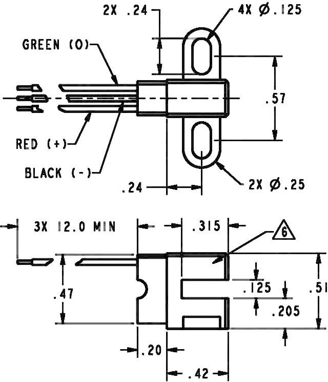 Disegno tecnico di una spina con indicazioni dimensionali. Marcatura per cavi verdi, rossi e neri. Vista frontale e laterale.