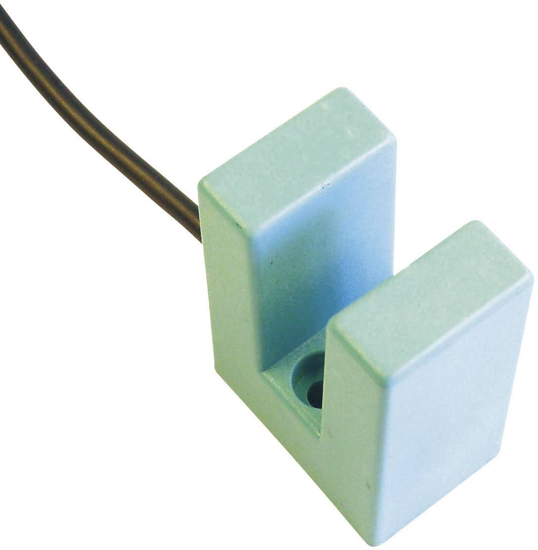Un sensore rettangolare color azzurro chiaro con design a U aperto e cavo nero per il collegamento.