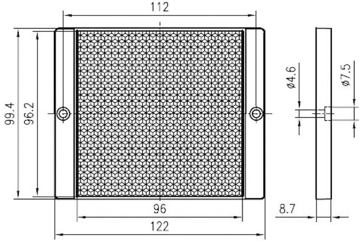 Disegno tecnico di una griglia di ventilazione rettangolare con quote precise in millimetri, comprensivo di larghezza e profondità.
