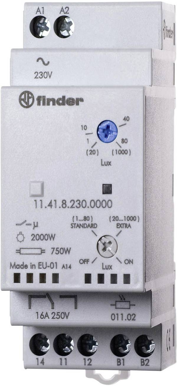 Finder Interruttore crepuscolare 1 pz. 11.41.8.230.0000 Tensione di funzionamento:230 V/AC Sensibilità alla luce: 1, 30 - 80, 1000 lx, lx 1 scambio