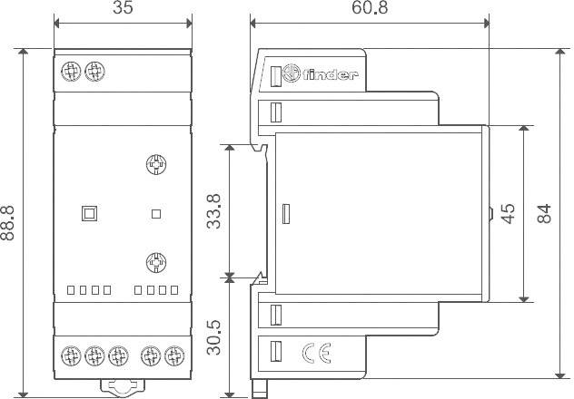 Disegno tecnico di un relè elettrico con dimensioni: larghezza 35 mm, altezza 88,8 mm, profondità 60,8 mm. Vista laterale e frontale.