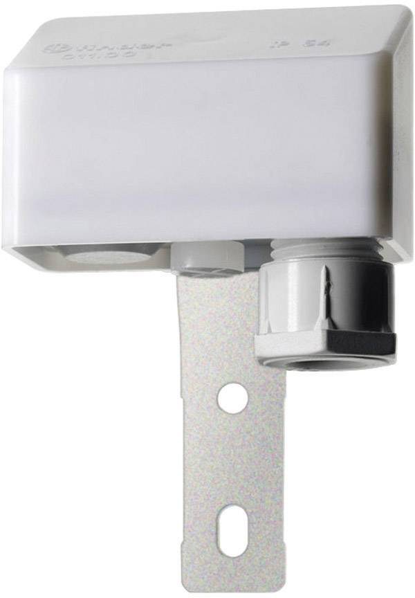 Un componente elettrico bianco con supporto metallico e connessione per cavi. Funge da sensore o interruttore per il controllo di dispositivi elettrici.