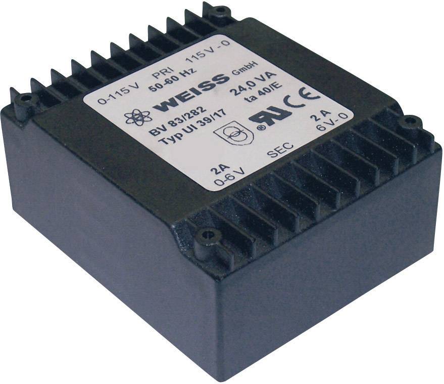 Modulo alimentatore con etichetta: 'PRI: 115V, 50-60Hz, 24.9VA', produttore 'WEISS GmbH'. Componenti elettroniche per trasformatori.