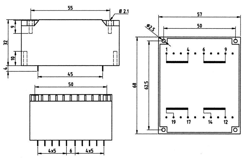 Disegno tecnico di un componente elettronico con dimensioni, griglie e posizioni dei connettori. Unità di misura in millimetri.