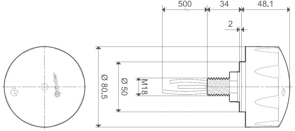 Disegno tecnico di un bottone rotondo filettato: diametro 80,5 mm, lunghezza 48,1 mm, filettatura M18. Vista laterale e vista dall'alto con quote dimensionali.