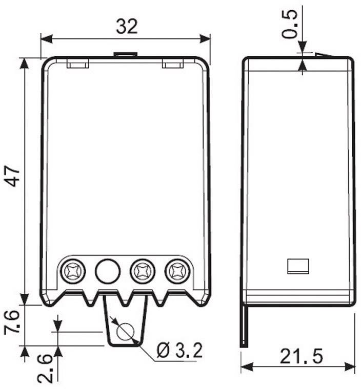 Disegno tecnico di un involucro rettangolare con dimensioni: altezza 47 mm, larghezza 32 mm, tre punti di fissaggio inferiori.