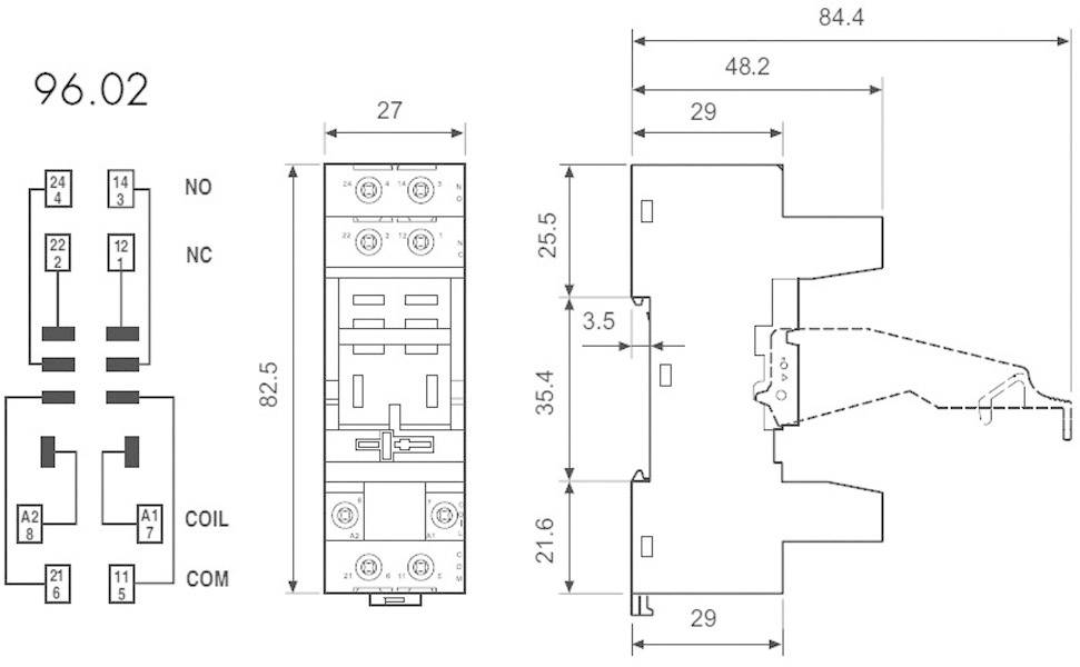 Diagramma di un zoccolo relè con specifiche tecniche, dimensioni in millimetri: larghezza 27, lunghezza 84,2, altezza 82,5.