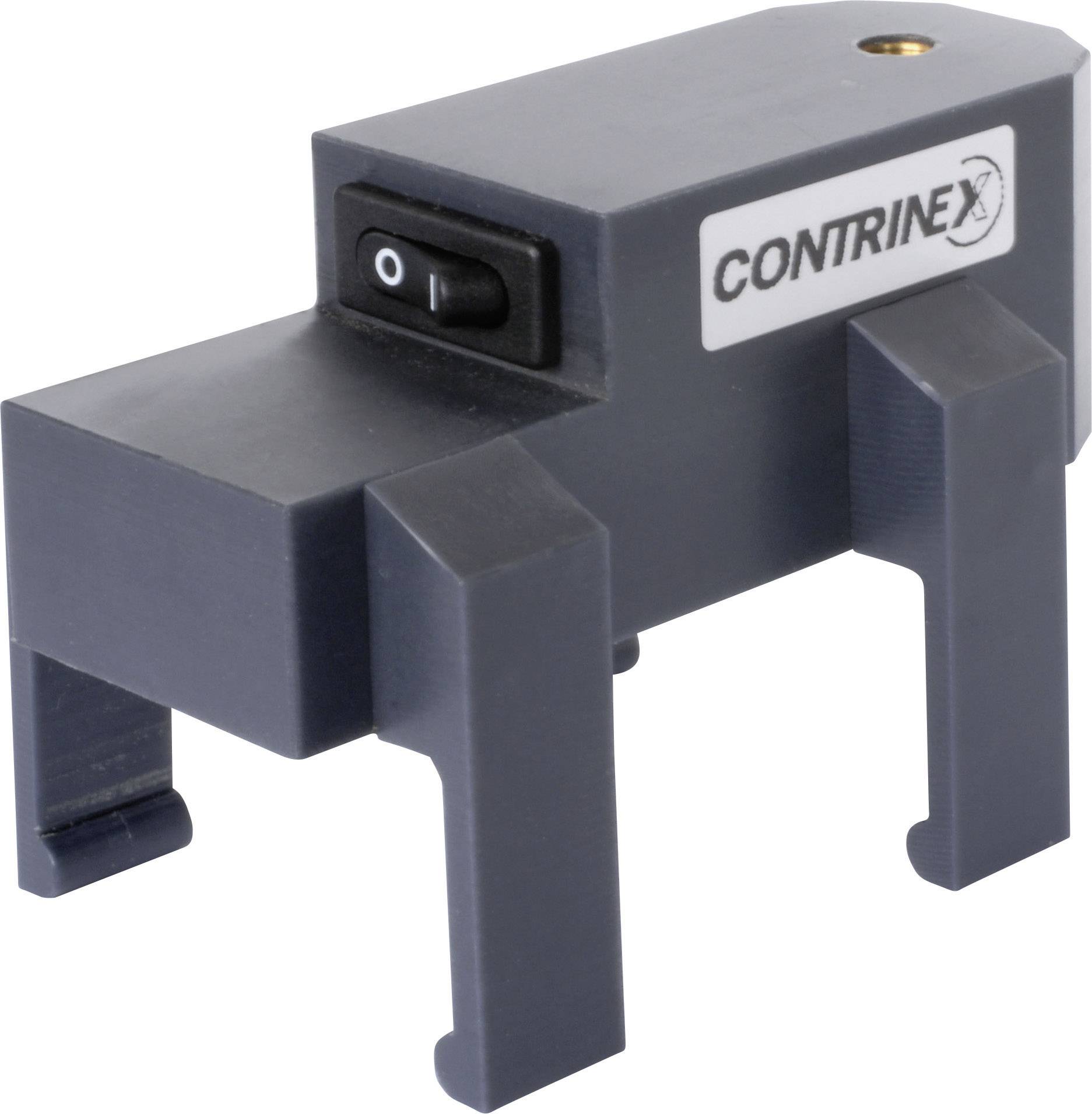 Un supporto rettangolare grigio in plastica con interruttore basculante, poggiante su quattro piedini. Scritta 'Contrinex' sul lato.
