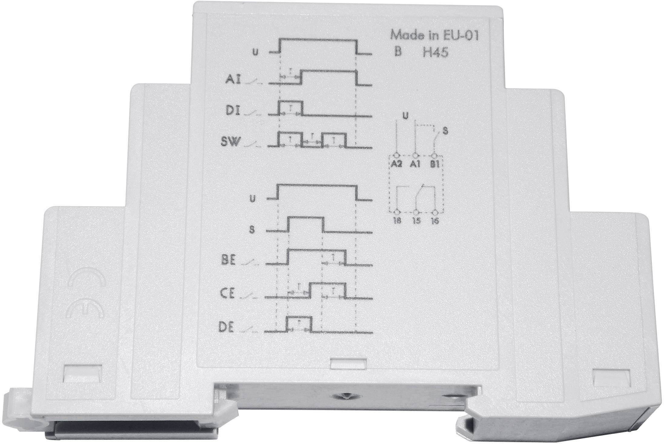 Un dispositivo elettrico con schemi elettrici e etichette sul lato anteriore, con l'indicazione 'Made in EU-01, B H45'.