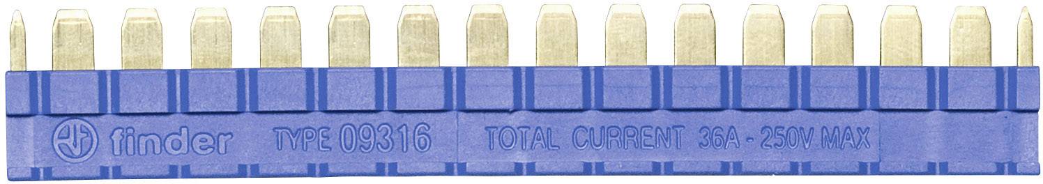 'Morsettiera blu con 12 contatti metallici. Etichetta: Finder, Tipo 093.16, Corrente totale 36A-25A max.'