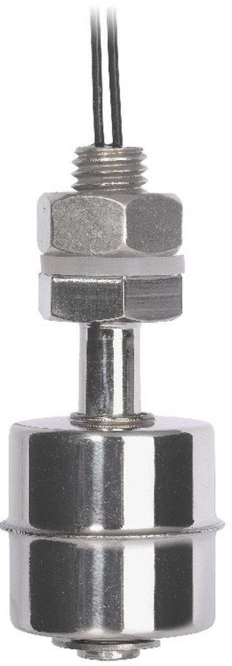 Interruttore a galleggiante in acciaio inossidabile con filettatura superiore, collegato tramite un cavo. Utilizzato per la misurazione del livello di liquido nei serbatoi.