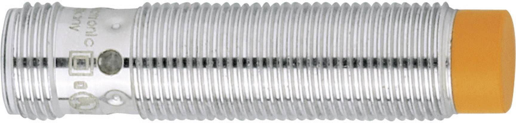 Sensore cilindrico metallico con corpo scanalato e punta arancione, idoneo per applicazioni industriali di rilevamento oggetti.