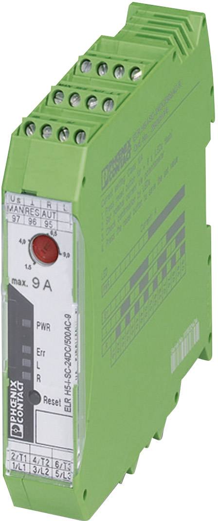 Un dispositivo elettrico verde di Phoenix Contact con più ingressi nella parte superiore, un interruttore e un indicatore LED sul frontale.