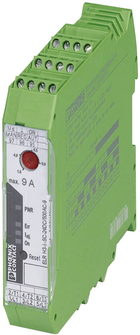 Componente elettrica verde con più morsetti di connessione e una manopola di regolazione, corrente massima di 9A, prodotta da Phoenix Contact.