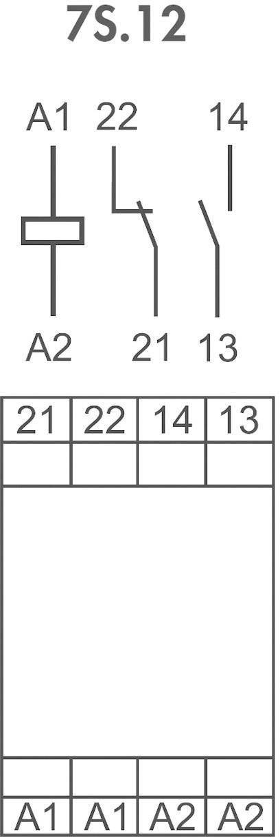 Simbolo di commutazione di un relè con denominazioni dei terminali A1, A2, 21, 22, 14, 13. Tabella sottostante mostra la stessa disposizione dei terminali.