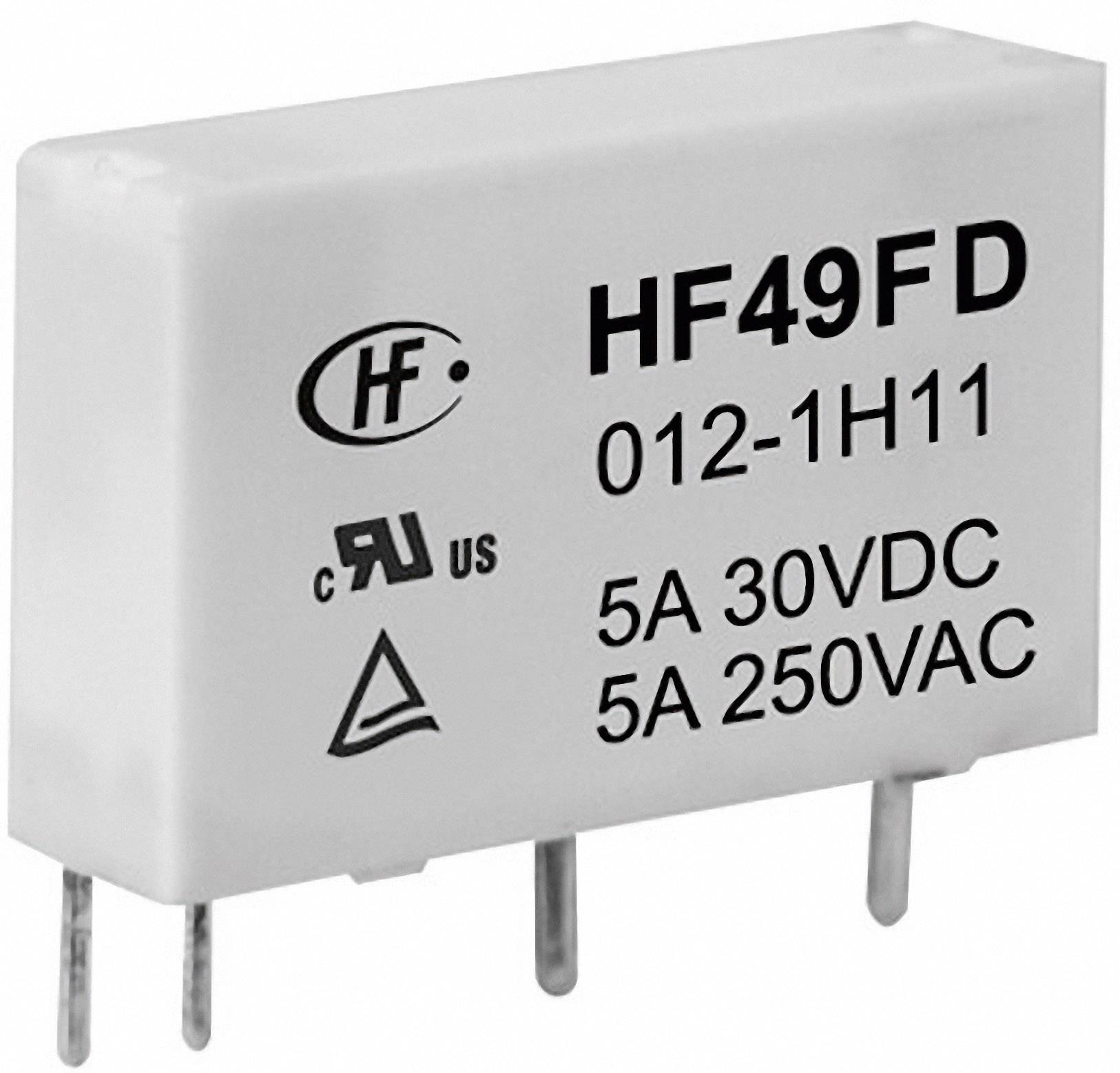 Relè rettangolare con etichetta 'HF49FD 012-1H11', corrente nominale 5A per 30VDC e 250VAC, quattro pin di connessione inferiori.