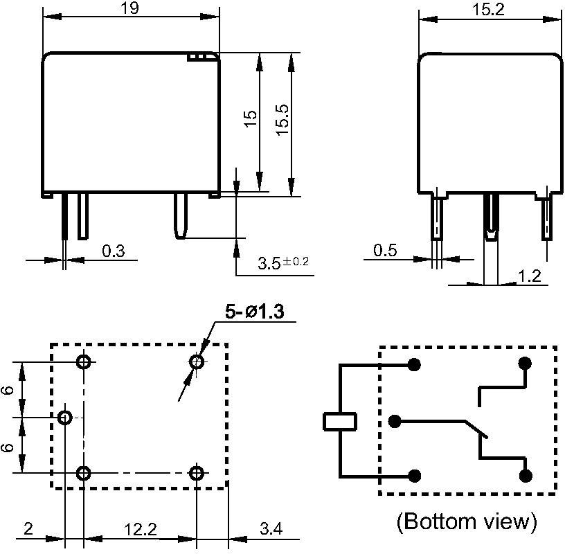 Disegno tecnico di un relè con dimensioni e disposizione dei pin. Vista frontale, laterale e inferiore. Misure indicate in millimetri.