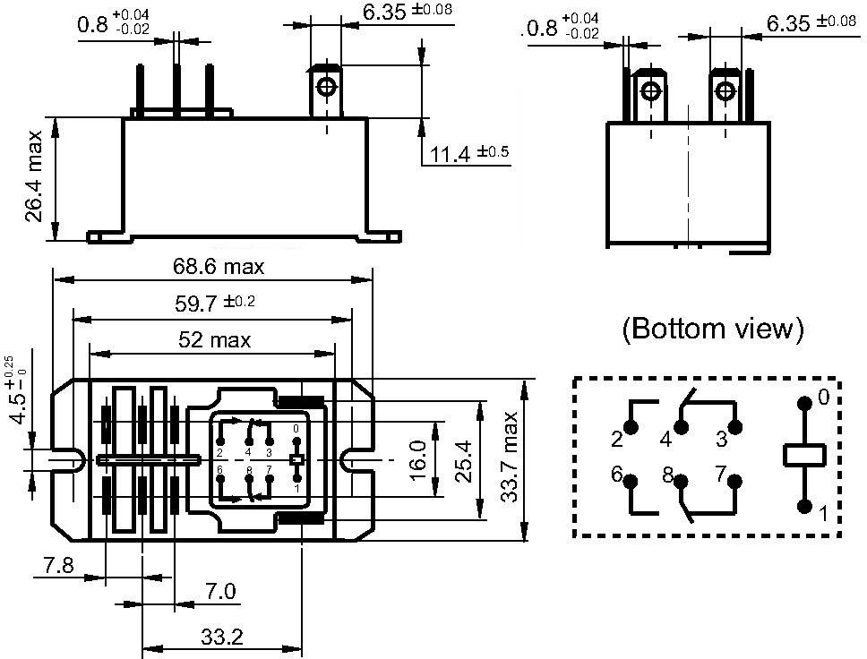 Disegno tecnico di un componente elettrico con misure dettagliate e viste dall'alto e dal basso. Connessioni e layout visualizzati.