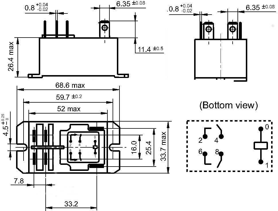 Disegno tecnico di un componente elettronico con tre viste: superiore, laterale e inferiore. Dimensioni e pin mostrati in dettaglio.