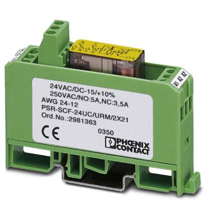 Modulo relè elettrico verde di Phoenix Contact, modello PSR-SCF-24UC/URM/2X21, con specifiche tecniche sull'etichetta.