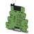 Componente elettronica verde con testa nera, contrassegnata con 'Phoenix Contact'. Connessioni e specifiche tecniche visibili.