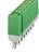 Componenti elettroniche modulari verdi con spinotti, compatibili con guide di montaggio, disposte in prospettiva in serie.