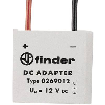 Un adattatore DC del marchio Finder, tipo 0269012, con una tensione di 12 V DC, presenta cavi rossi e neri per il polo positivo e negativo.