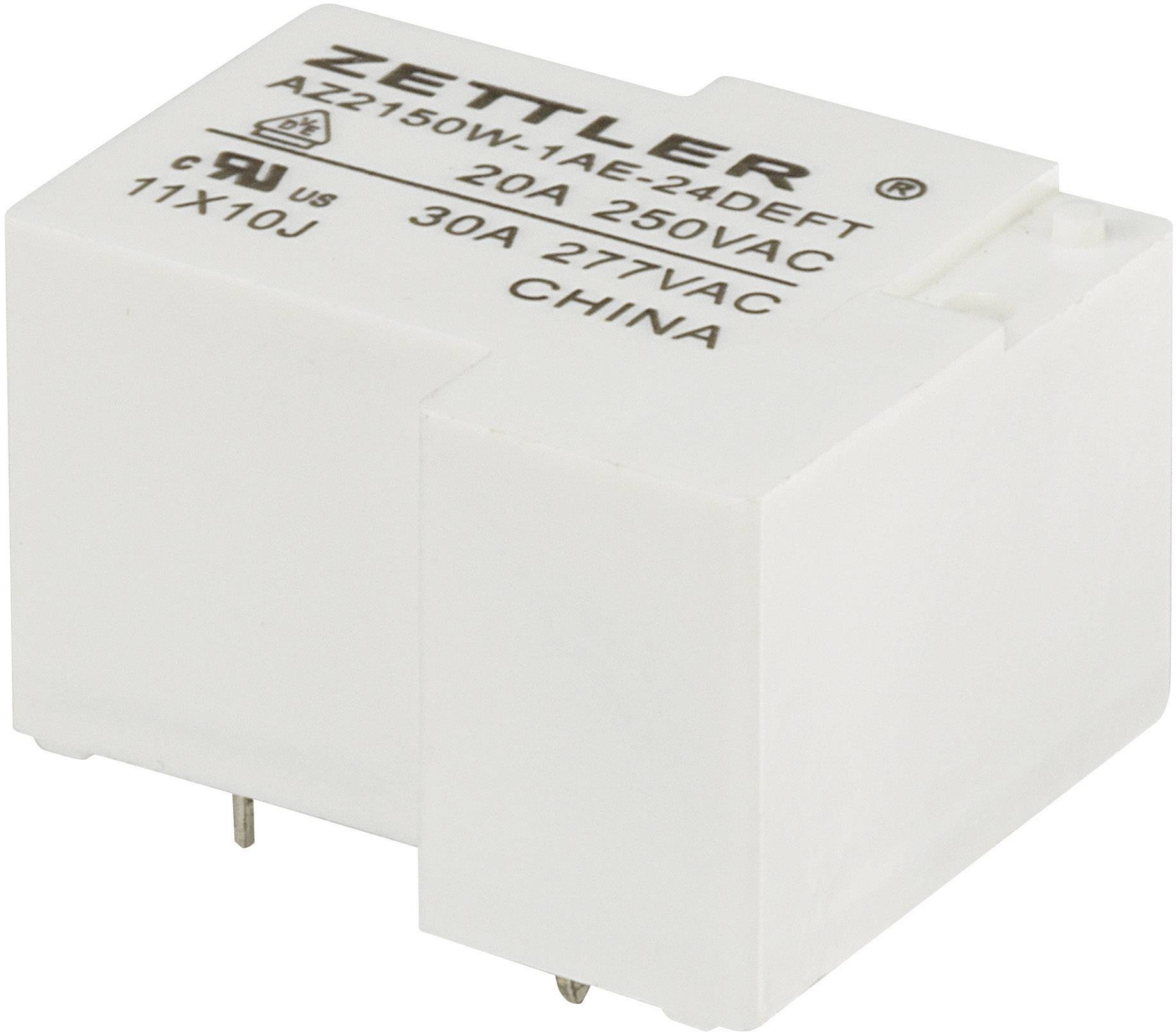Un relè elettrico bianco del marchio Zettler, modello AZ2150, con specifiche per 20A 250VAC e 30A 277VAC.
