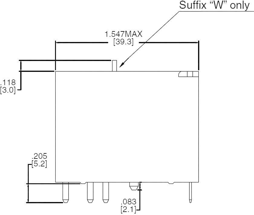 Diagramma elettrico: Dimensioni del contenitore in pollici e mm. Larghezza totale: 1,547 pollici (39,3 mm), altezza: 0,118 pollici (3,0 mm), profondità: 0,205 pollici (5,2 mm).