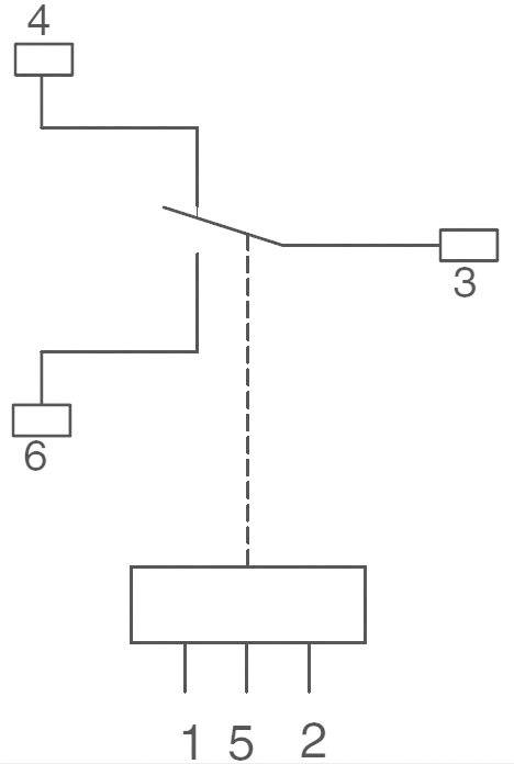 Schema elettrico: Un interruttore collega i nodi 4, 6 in alto e 3 sul lato destro con un distributore centrale in basso, contrassegnato con 1, 5 e 2.