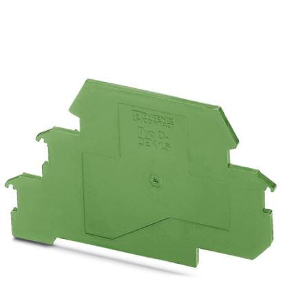 Componente in plastica verde con forma rettangolare e bordi dentellati, probabilmente utilizzato come copertura o protezione di separazione in applicazioni elettriche.