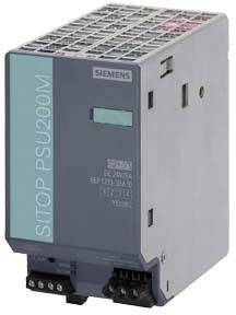 Un dispositivo di alimentazione grigio e rettangolare con la scritta 'SITOP PSU200M' di Siemens, viene alimentato e controllato.
