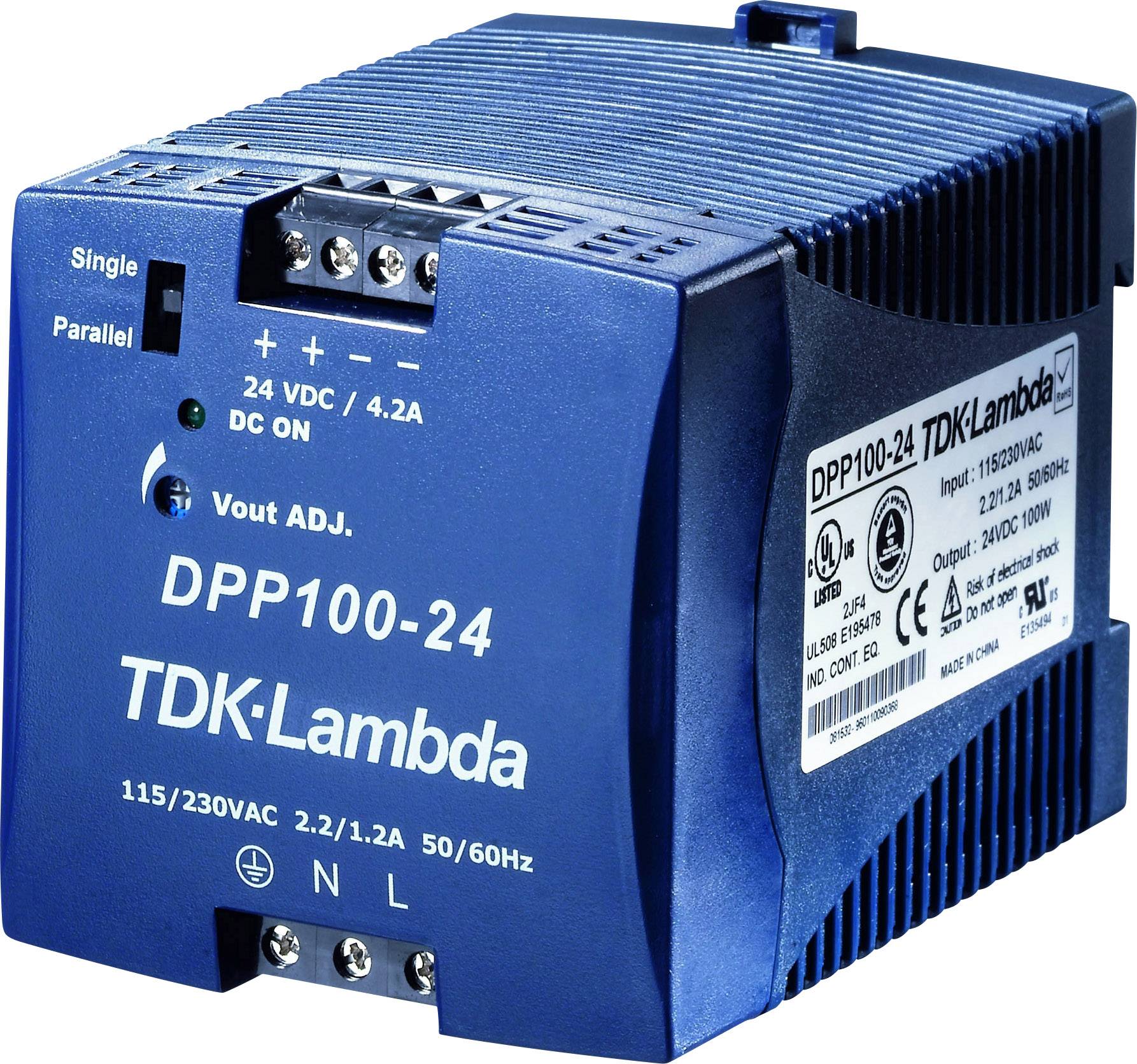 Un alimentatore blu TDK-Lambda, modello DPP100-24, con specifiche di corrente e tensione: 24 VDC, 4,2A.