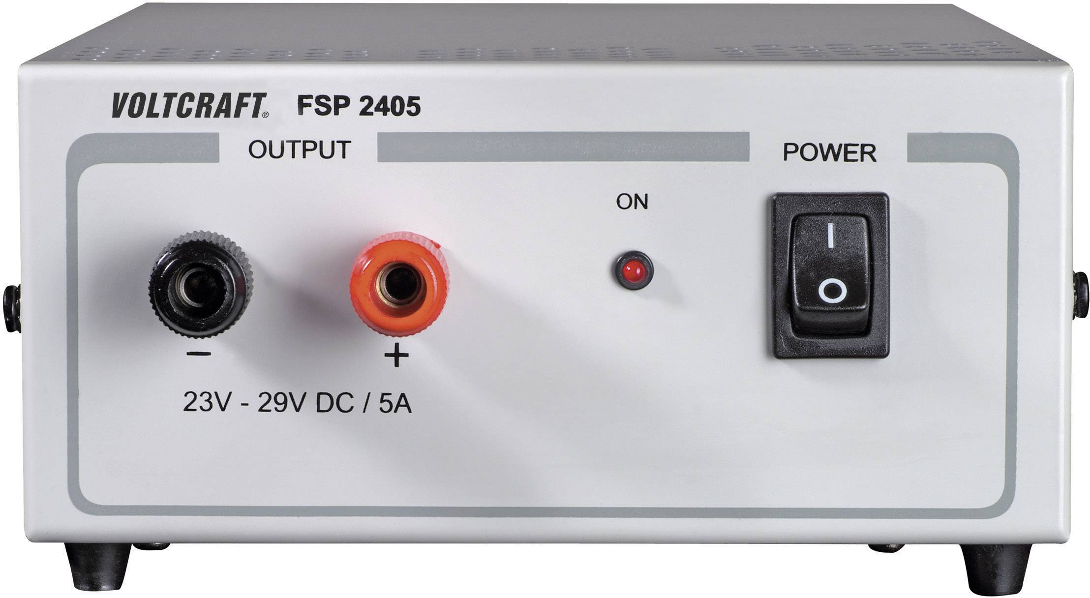 Un alimentatore Voltcraft, modello FSP 2405, mostra le uscite per 23V fino a 29V DC/5A. Interruttore On/Off sul lato destro.