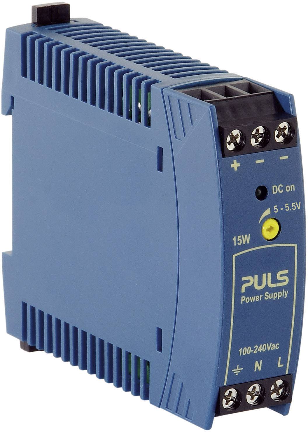 Alimentatore blu con la scritta 'PULS Power Supply 15W, 100-240Vac, 5-5.5V'. Mostra i connettori di ingresso e di uscita.