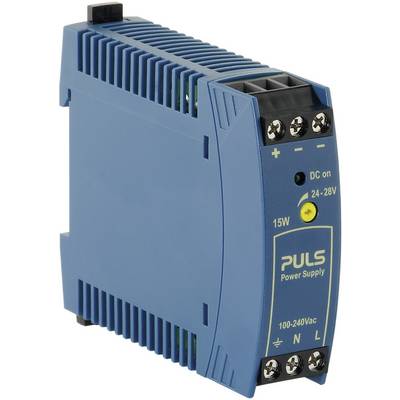 Alimentatore switching blu con scritta 'PULS Power Supply'. Mostra un intervallo di ingresso da 100-240 V AC e un intervallo di uscita da 24-28 V DC, 15 W.