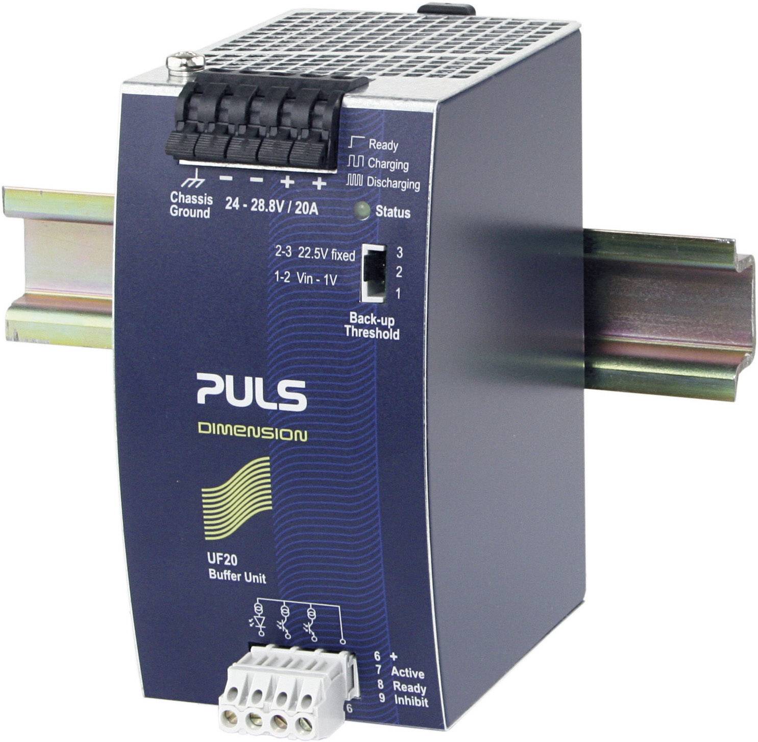 Un dispositivo di buffer blu e rettangolare Pulse Dimension UF20 per montaggio su guida DIN. Mostra indicatori di stato e morsetti di connessione.