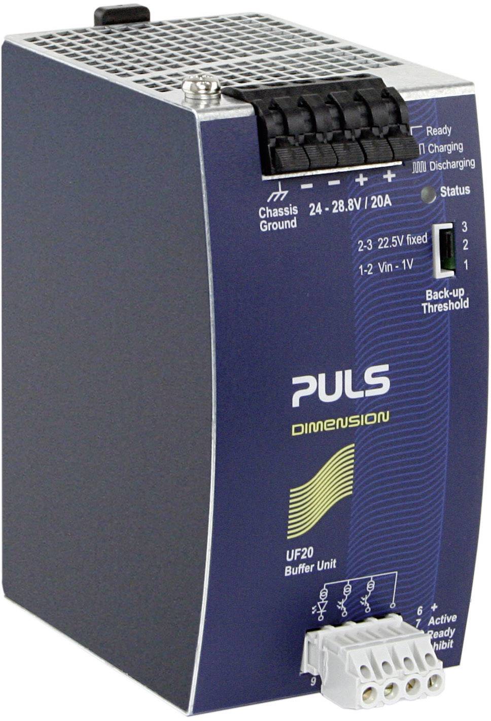 Alimentatore Puls UF20, 24-28,8V, 20A. Mostra lo stato operativo con LED per Ready, Charging, Discharging. Interruttore principale sulla parte superiore.