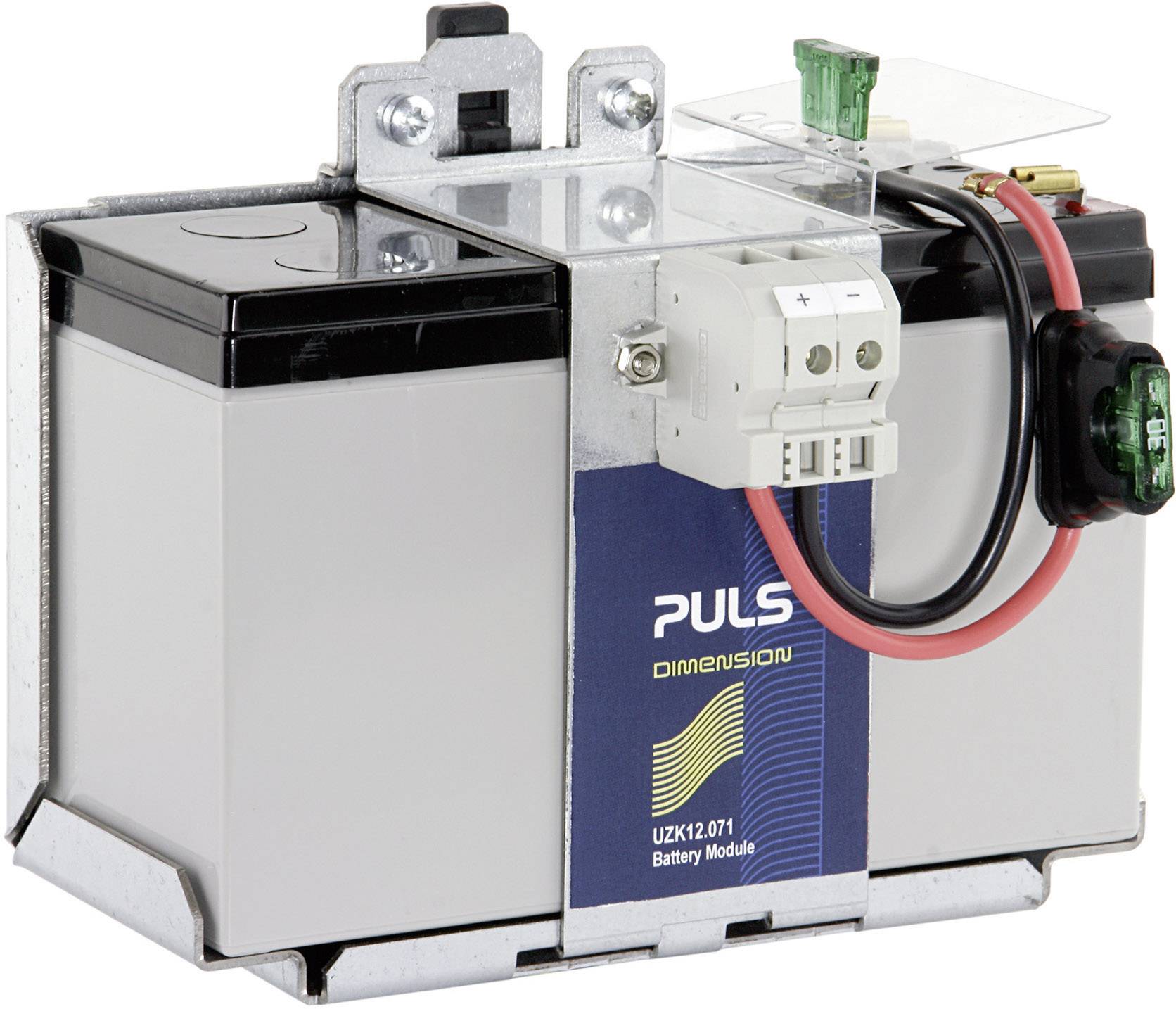 Un modulo batteria con la scritta 'Puls Dimension UZK12.071'. Custodia metallica con connettori e cavi, montata su un supporto stabile.