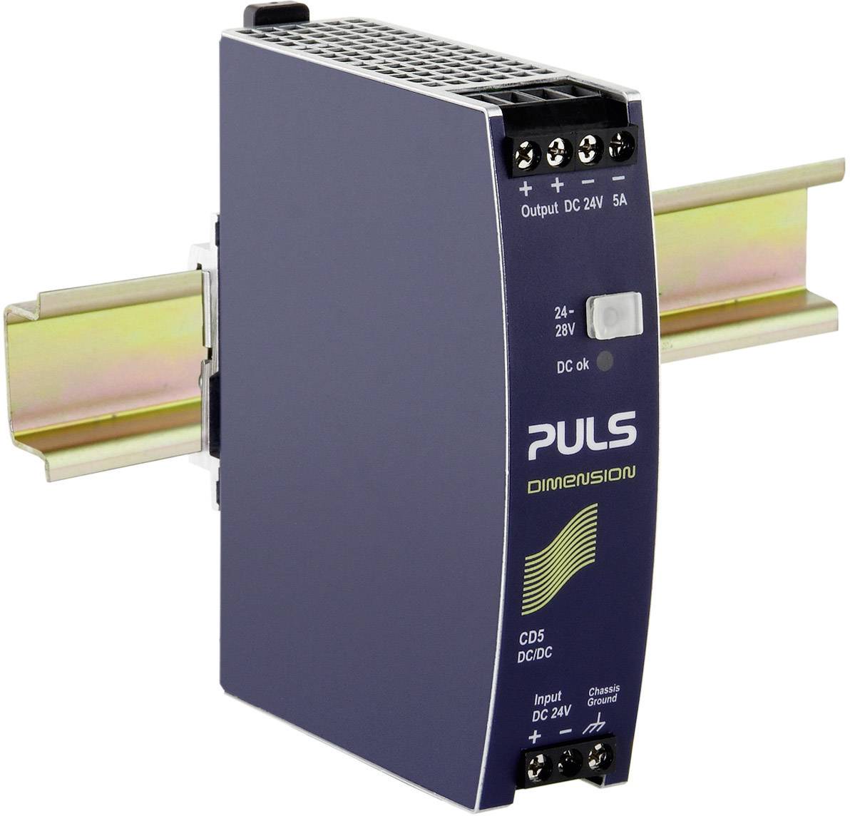 Convertitore DC/DC di PULS, montato su guida DIN. Campo di ingresso 24-28V, uscita 24V, 5A. Modello CD5.