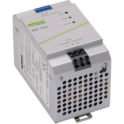 Un alimentatore switching con feritoie di ventilazione e specifiche tecniche sul lato anteriore, compresi tensione e corrente.