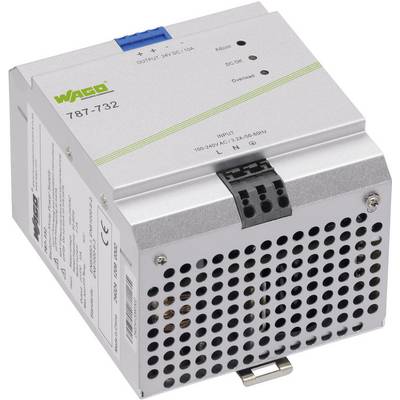Alimentatore Wago 787-732; Ingresso: 100-240V, Uscita: 24V DC, 10A; grigio con feritoie di ventilazione ed etichetta verde in alto.