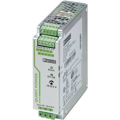 Un alimentatore Phoenix Contact denominato 'QUINT POWER'. Offre un'uscita di 24V DC e 5A.