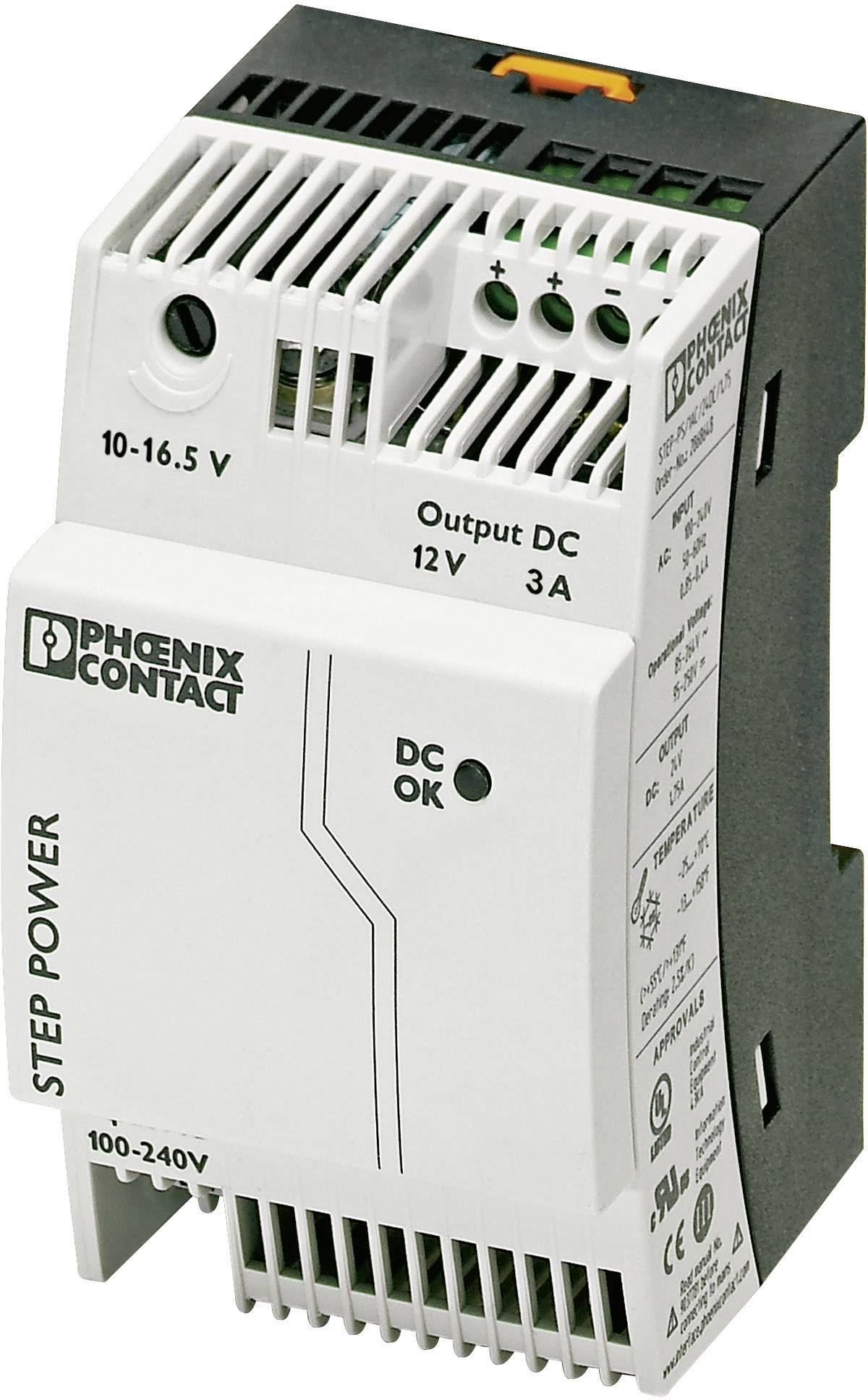 Un alimentatore di Phoenix Contact con la scritta 'Step Power', tensione di ingresso 100-240V, uscita DC 12V, 3A.