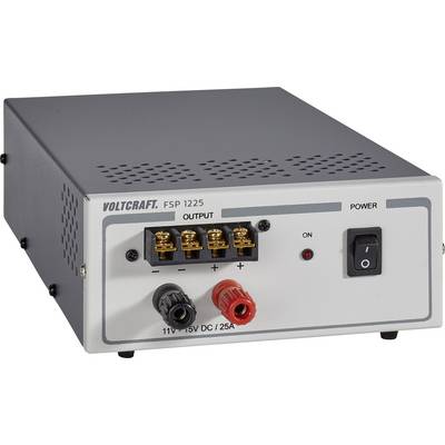 Un modello di alimentatore Voltcraft grigio FSP 1225 con quattro porte di uscita e un interruttore di accensione/spegnimento sul lato frontale.
