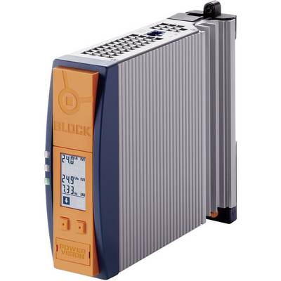 Un alimentatore switching con display mostra i valori attuali di tensione e corrente. L'involucro è grigio con un accento arancione.