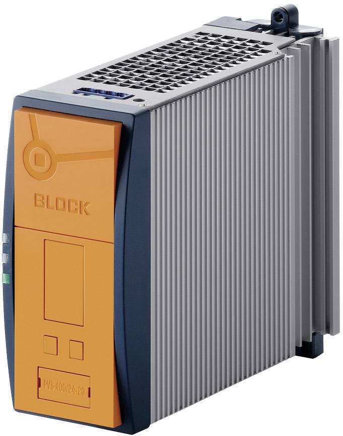 Un dispositivo elettronico arancione e grigio con fessure di ventilazione e la scritta 'BLOCK'. Sembra essere un'alimentatore industriale.
