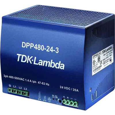 Un modello di alimentatore blu TDK-Lambda 'DPP480-24-3' per tensione trifase da 400-500VAC, con potenza di uscita di 24VDC/20A.
