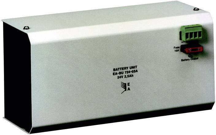 Unità batteria metallica con un portafusibile rosso e connettori verdi. Etichettata 'Unità batteria 24V 2,5Ah'.